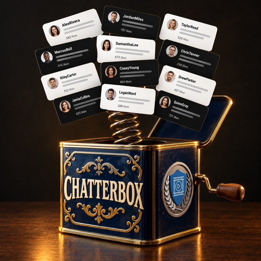 The Chatterbox tool, drawn as a navy jack-in-the-box launching light and dark comment cards.