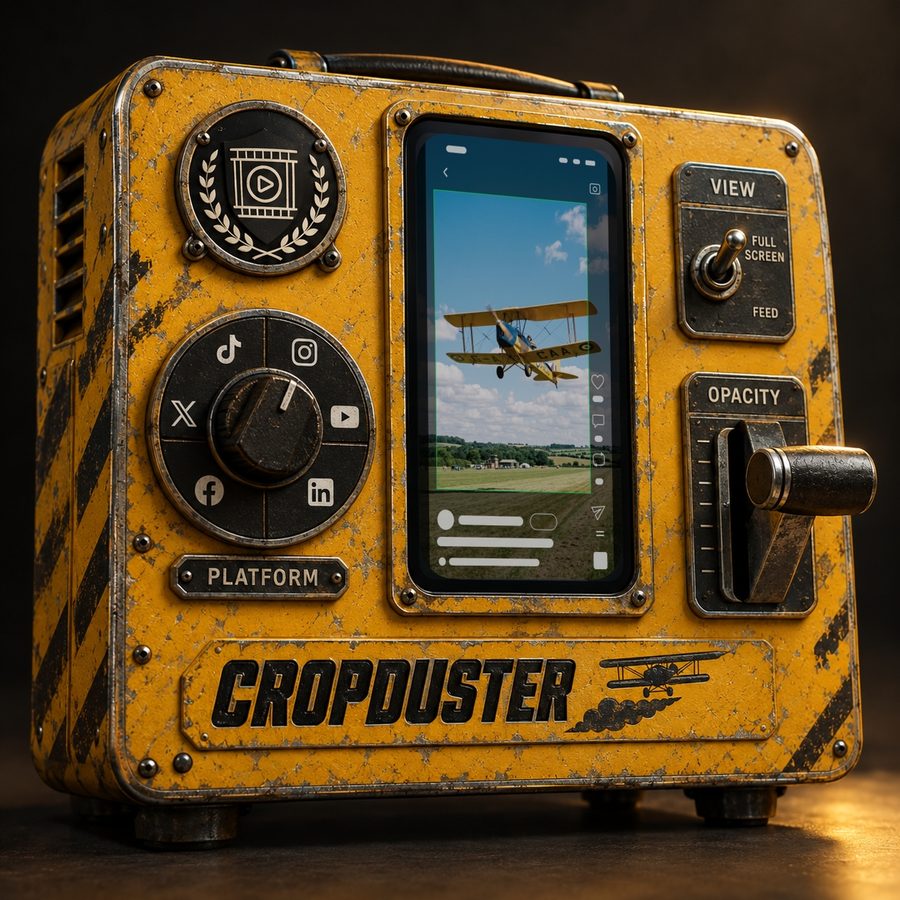 The Cropduster tool, drawn as a yellow flight case with the Instagram safe zone overlay on its screen.