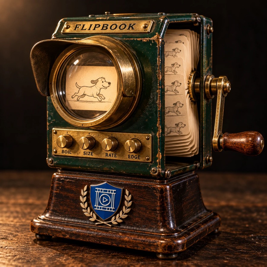 The Flipbook tool, drawn as a brass and bottle-green flipbook viewer, a cartoon dog on its pages.