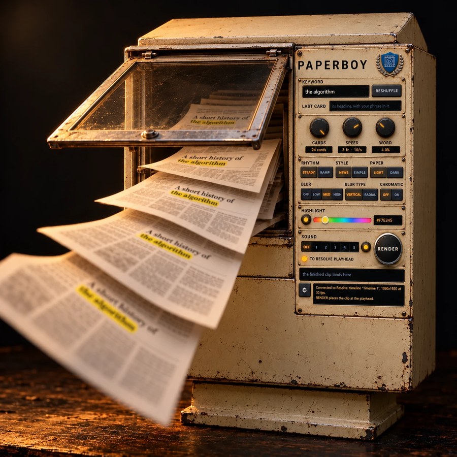 The Paperboy tool, drawn as an old newsbox printing newspaper pages, the algorithm highlighted in yellow on each.