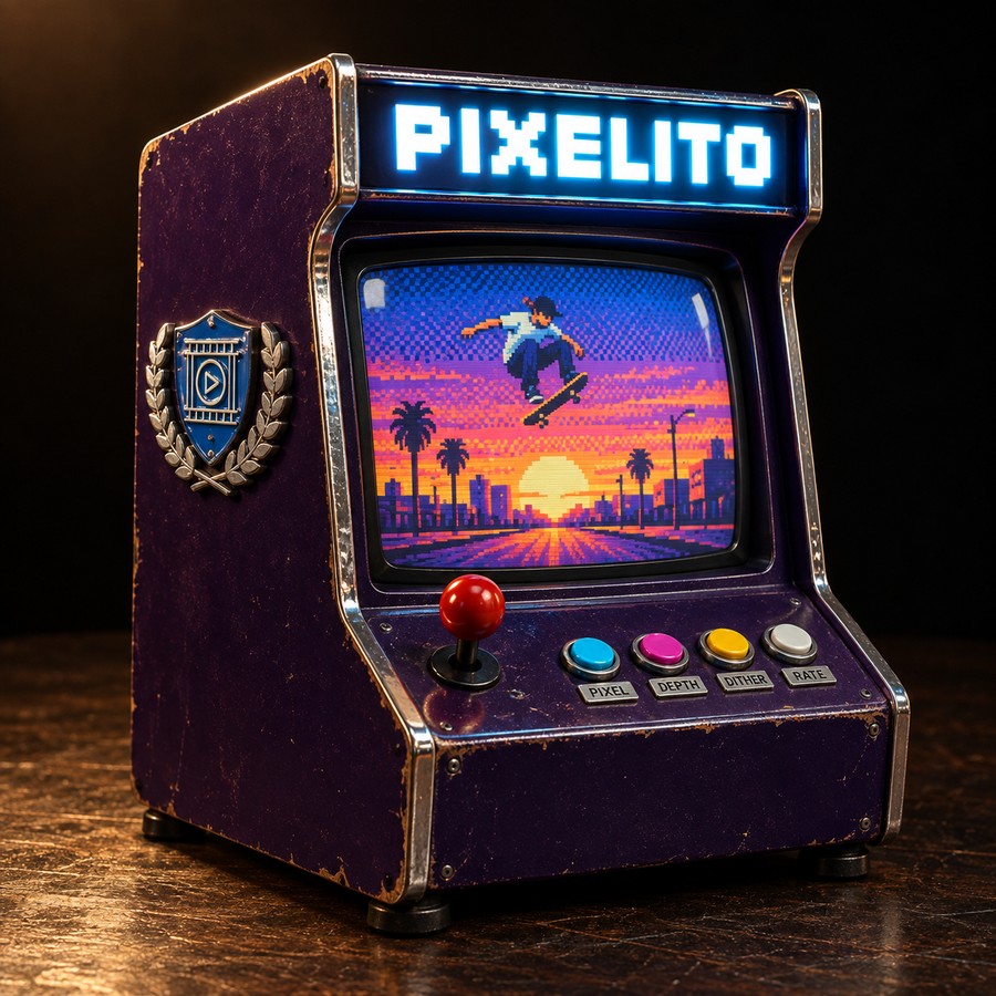 The Pixelito tool, drawn as a 1990s arcade cabinet, a pixelated skater on its screen.