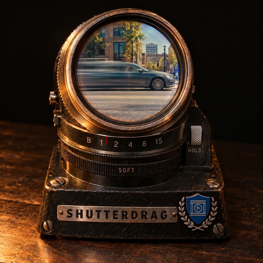 The Shutterdrag tool, drawn as a leaf-shutter lens in a black plate, a car crossing the glass with its light streaking behind it.