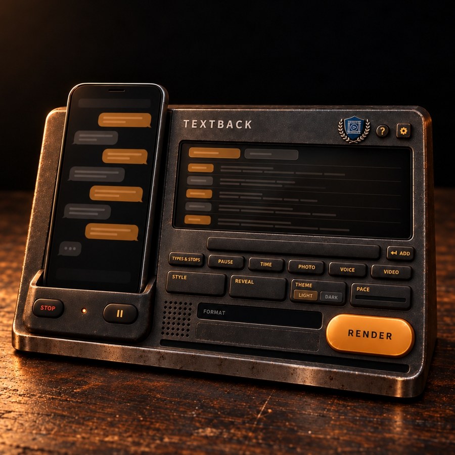 The Textback tool, drawn as a worn charcoal phone base, a phone standing in it with a chat of amber bubbles and a big amber RENDER key.