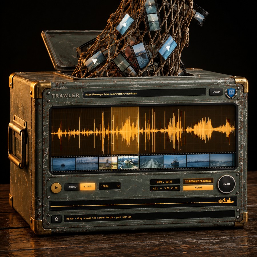 The Trawler tool, drawn as a weathered steel sonar console on a workbench, a waveform and a strip of film frames on its amber screen.